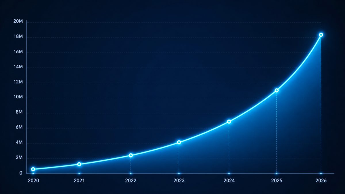 91麻豆用户增长数据图表,展示2020-2026年注册用户从50万增长至1800万的趋势